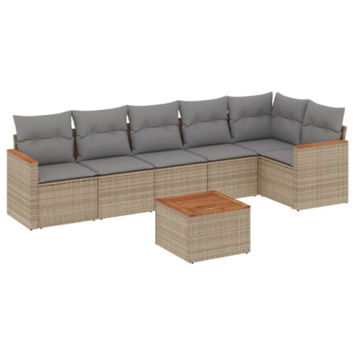 7-Piece Garden Sofa Set with Cushions Beige Poly Rattan Wicker Outdoor Patio Furniture - Image 5
