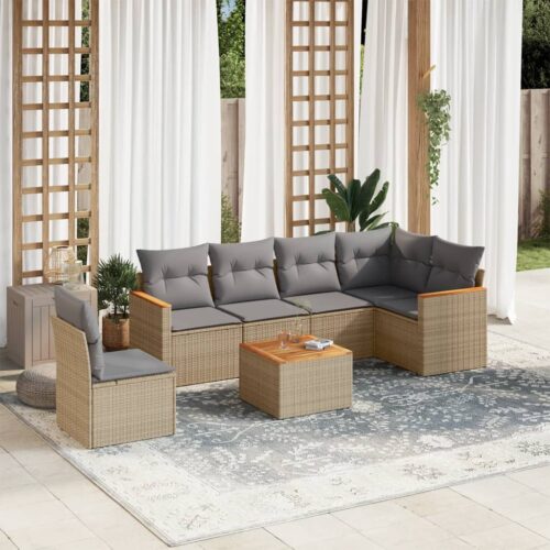 7-Piece Garden Sofa Set with Cushions Beige Poly Rattan Wicker Outdoor Patio Furniture - Image 2