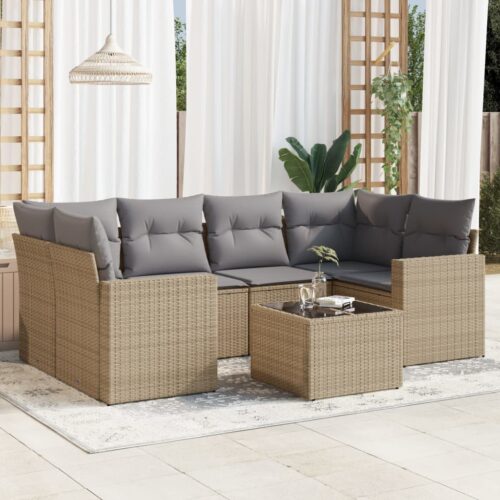 7-Piece Garden Sofa Set with Cushions Beige Poly Rattan Wicker Outdoor Patio Furniture - Image 2