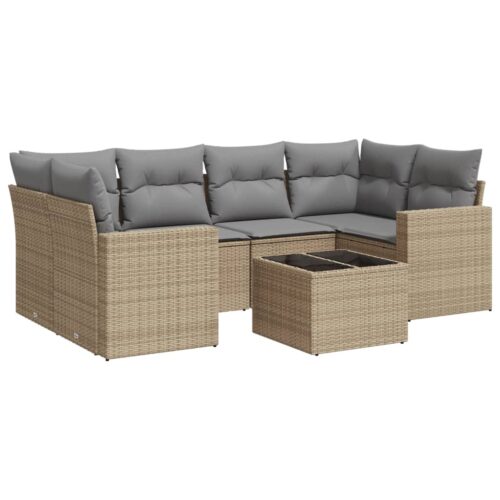 7-Piece Garden Sofa Set with Cushions Beige Poly Rattan Wicker Outdoor Patio Furniture - Image 5