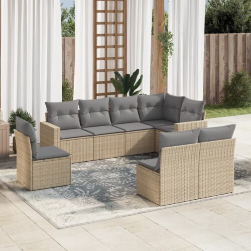 8-Piece Garden Sofa Set with Cushions Beige Poly Rattan Wicker Outdoor Patio Furniture - Image 2