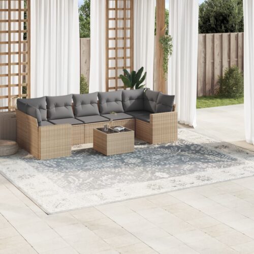 8-Piece Garden Sofa Set with Cushions Beige Poly Rattan Wicker Outdoor Patio Furniture - Image 2
