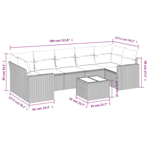 8-Piece Garden Sofa Set with Cushions Beige Poly Rattan Wicker Outdoor Patio Furniture - Image 3