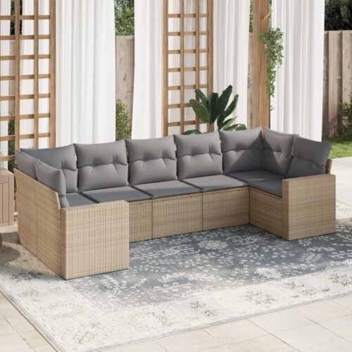 7-Piece Garden Sofa Set with Cushions Beige Poly Rattan Wicker Outdoor Patio Furniture - Image 2