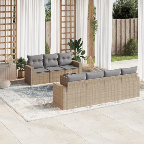 8-Piece Garden Sofa Set with Cushions Beige Poly Rattan Wicker Outdoor Patio Furniture - Image 2