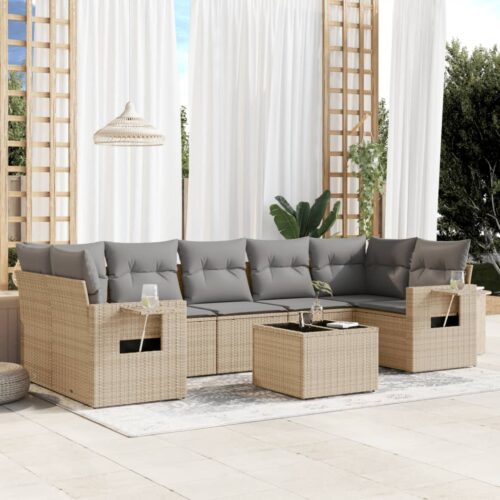 8-Piece Garden Sofa Set with Cushions Beige Poly Rattan Wicker Outdoor Patio Furniture - Image 2