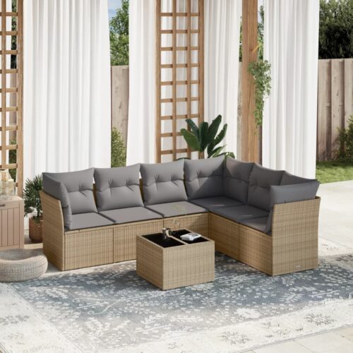 7-Piece Garden Sofa Set with Cushions Beige Poly Rattan Wicker Outdoor Patio Furniture - Image 2