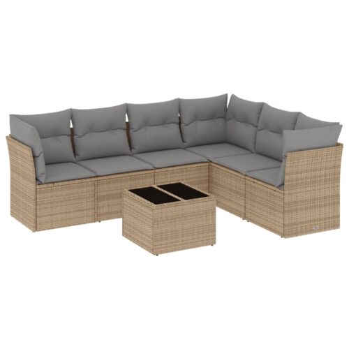 7-Piece Garden Sofa Set with Cushions Beige Poly Rattan Wicker Outdoor Patio Furniture - Image 5
