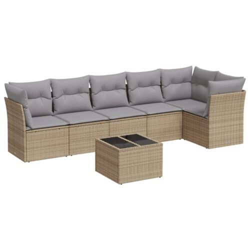 7-Piece Garden Sofa Set with Cushions Beige Poly Rattan Wicker Outdoor Patio Furniture