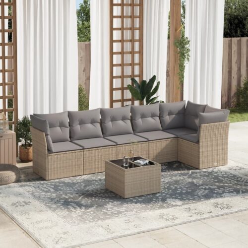 7-Piece Garden Sofa Set with Cushions Beige Poly Rattan Wicker Outdoor Patio Furniture - Image 2