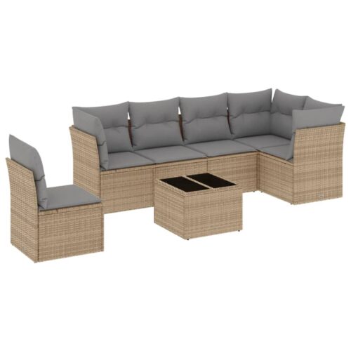 7-Piece Garden Sofa Set with Cushions Beige Poly Rattan Wicker Outdoor Patio Furniture