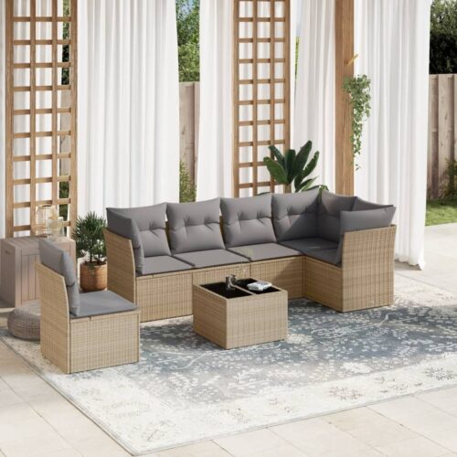 7-Piece Garden Sofa Set with Cushions Beige Poly Rattan Wicker Outdoor Patio Furniture - Image 2