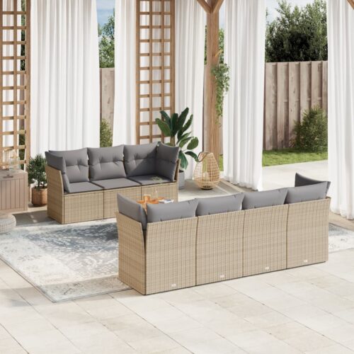 8-Piece Garden Sofa Set with Cushions Beige Poly Rattan Wicker Outdoor Patio Furniture - Image 2