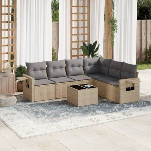 7-Piece Garden Sofa Set with Cushions Beige Poly Rattan Wicker Outdoor Patio Furniture - Image 2