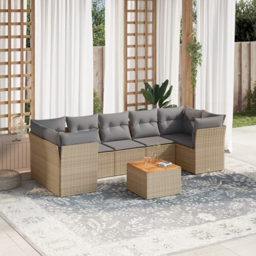 8-Piece Garden Sofa Set with Cushions Beige Poly Rattan Wicker Outdoor Patio Furniture - Image 2