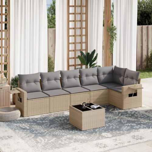 7-Piece Garden Sofa Set with Cushions Beige Poly Rattan Wicker Outdoor Patio Furniture - Image 2