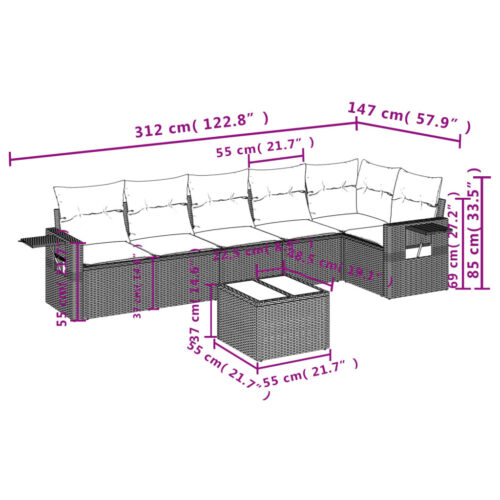 7-Piece Garden Sofa Set with Cushions Beige Poly Rattan Wicker Outdoor Patio Furniture - Image 3