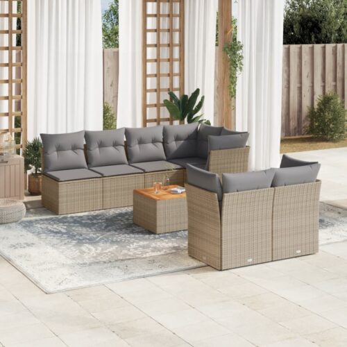 8-Piece Garden Sofa Set with Cushions Beige Poly Rattan Wicker Outdoor Patio Furniture - Image 2