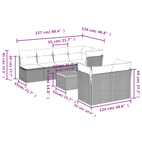 8-Piece Garden Sofa Set with Cushions Beige Poly Rattan Wicker Outdoor Patio Furniture - Image 3
