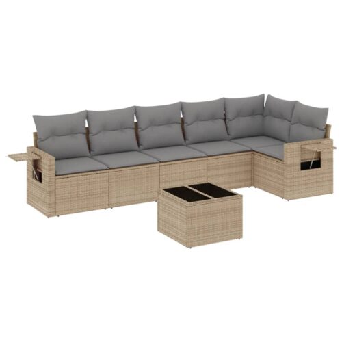 7-Piece Garden Sofa Set with Cushions Beige Poly Rattan Wicker Outdoor Patio Furniture - Image 5