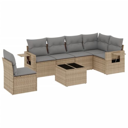 7-Piece Garden Sofa Set with Cushions Beige Poly Rattan Wicker Outdoor Patio Furniture