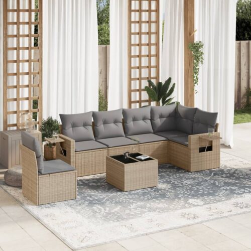 7-Piece Garden Sofa Set with Cushions Beige Poly Rattan Wicker Outdoor Patio Furniture - Image 2