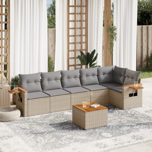 7-Piece Garden Sofa Set with Cushions Beige Poly Rattan Wicker Outdoor Patio Furniture - Image 2