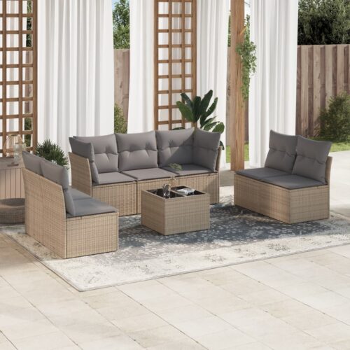 8-Piece Garden Sofa Set with Cushions Beige Poly Rattan Wicker Outdoor Patio Furniture - Image 2