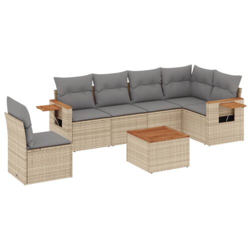 7-Piece Garden Sofa Set with Cushions Beige Poly Rattan Wicker Outdoor Patio Furniture
