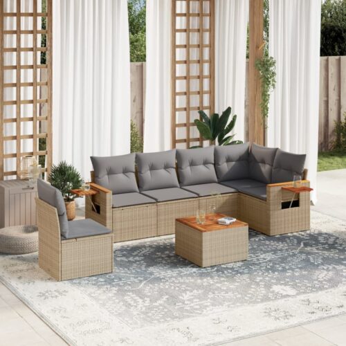 7-Piece Garden Sofa Set with Cushions Beige Poly Rattan Wicker Outdoor Patio Furniture - Image 2