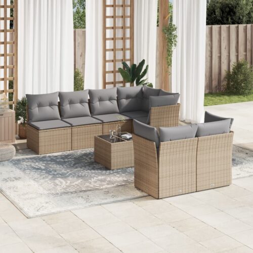 8-Piece Garden Sofa Set with Cushions Beige Poly Rattan Wicker Outdoor Patio Furniture - Image 2
