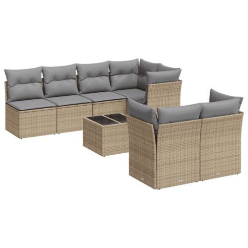 8-Piece Garden Sofa Set with Cushions Beige Poly Rattan Wicker Outdoor Patio Furniture - Image 5
