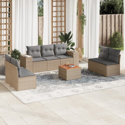 8-Piece Garden Sofa Set with Cushions Beige Poly Rattan Wicker Outdoor Patio Furniture - Image 2