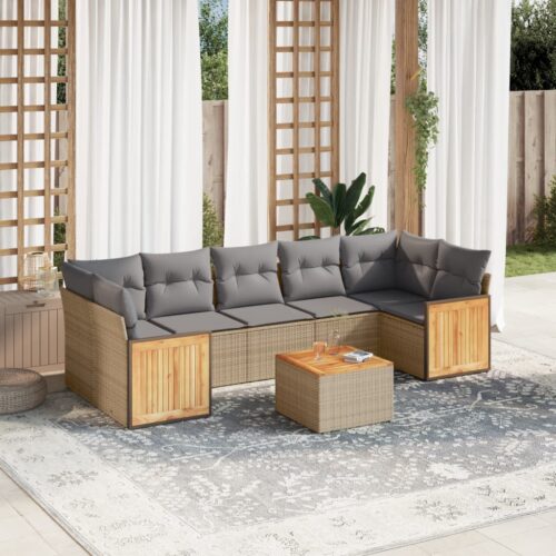 8-Piece Garden Sofa Set with Cushions Beige Poly Rattan Wicker Outdoor Patio Furniture - Image 2