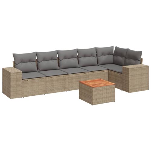 7-Piece Garden Sofa Set with Cushions Beige Poly Rattan Wicker Outdoor Patio Furniture