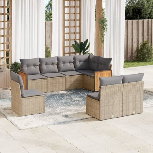 8-Piece Garden Sofa Set with Cushions Beige Poly Rattan Wicker Outdoor Patio Furniture - Image 2