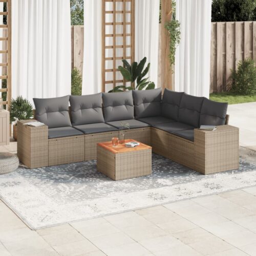 7-Piece Garden Sofa Set with Cushions Beige Poly Rattan Wicker Outdoor Patio Furniture - Image 2