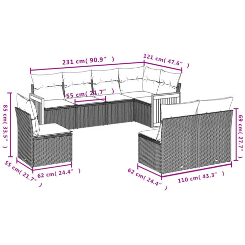 8-Piece Garden Sofa Set with Cushions Beige Poly Rattan Wicker Outdoor Patio Furniture - Image 7