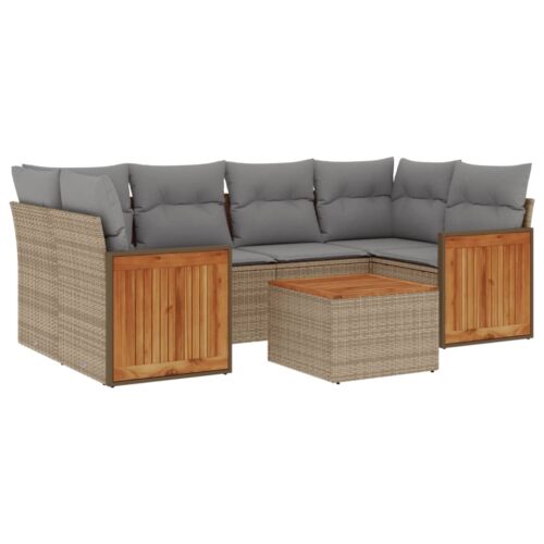 7-Piece Garden Sofa Set with Cushions Beige Poly Rattan Wicker Outdoor Patio Furniture