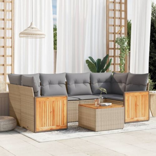 7-Piece Garden Sofa Set with Cushions Beige Poly Rattan Wicker Outdoor Patio Furniture - Image 2