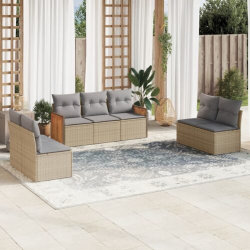 7-Piece Garden Sofa Set with Cushions Beige Poly Rattan Wicker Outdoor Patio Furniture - Image 2