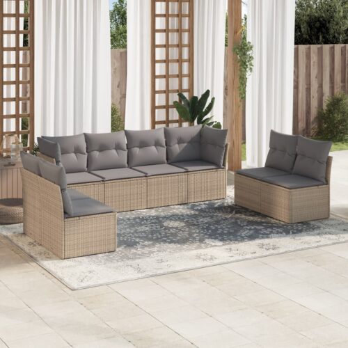 8-Piece Garden Sofa Set with Cushions Beige Poly Rattan Wicker Outdoor Patio Furniture - Image 2