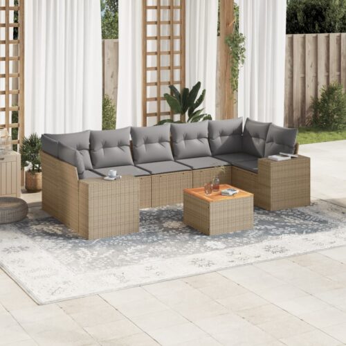 8-Piece Garden Sofa Set with Cushions Beige Poly Rattan Wicker Outdoor Patio Furniture - Image 2