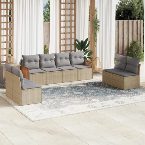 8-Piece Garden Sofa Set with Cushions Beige Poly Rattan Wicker Outdoor Patio Furniture - Image 2
