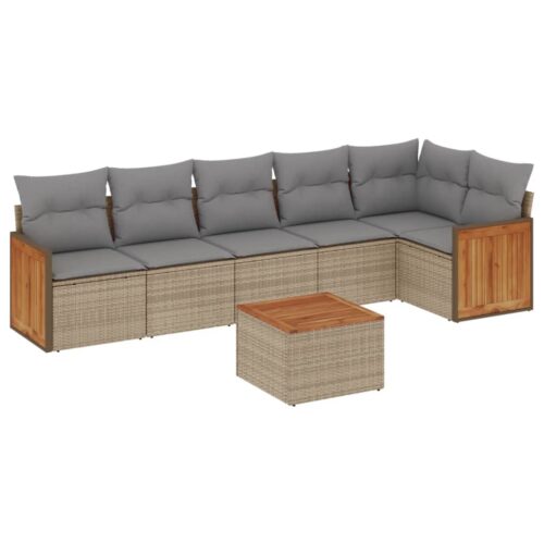 7-Piece Garden Sofa Set with Cushions Beige Poly Rattan Wicker Outdoor Patio Furniture