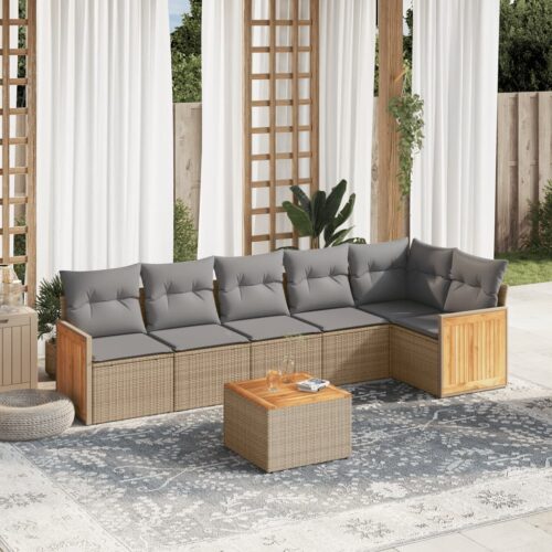 7-Piece Garden Sofa Set with Cushions Beige Poly Rattan Wicker Outdoor Patio Furniture - Image 2