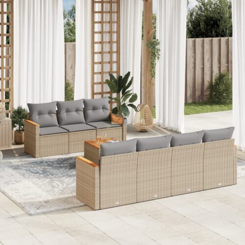 8-Piece Garden Sofa Set with Cushions Beige Poly Rattan Wicker Outdoor Patio Furniture - Image 2