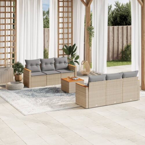 7-Piece Garden Sofa Set with Cushions Beige Poly Rattan Wicker Outdoor Patio Furniture - Image 2