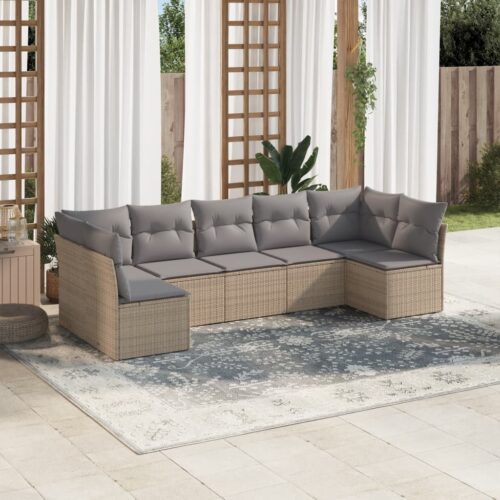 7-Piece Garden Sofa Set with Cushions Beige Poly Rattan Wicker Outdoor Patio Furniture - Image 2