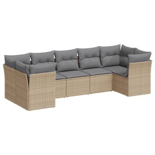 7-Piece Garden Sofa Set with Cushions Beige Poly Rattan Wicker Outdoor Patio Furniture - Image 5